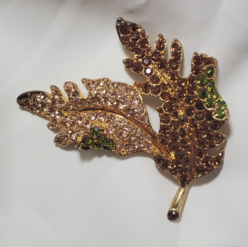Vintage Kenneth Jay Lane Gold Leaf Brooch Brown, Cream & Emerald Green Jewels